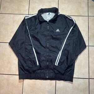 VTG 90s Adidas Windbreaker Track Jacket Mens M Black Three Stripe Stowaway Hood
